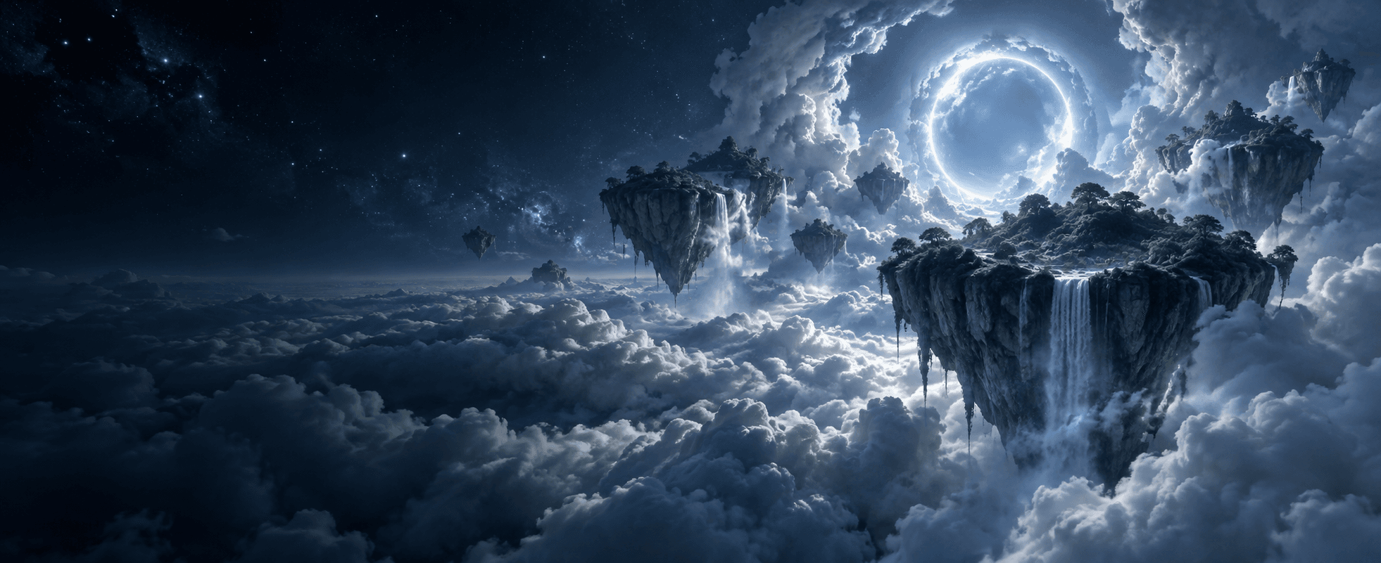 Floating islands above a cloud sea at night, approaching a luminous ring.